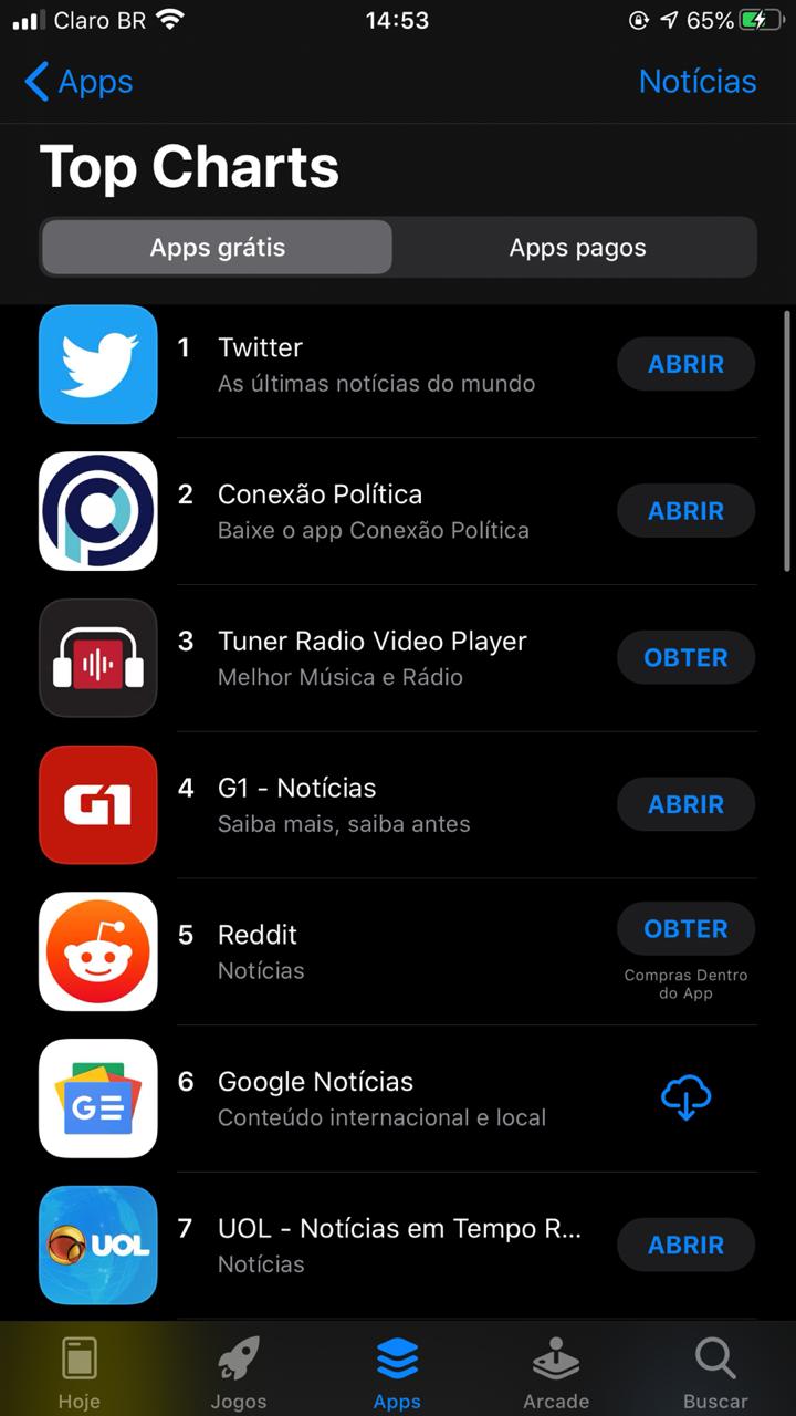 Conexão Política ultrapassa G1, Folha e Estadão e ocupa 2° lugar entre os apps de notícias mais baixados da Apple 1