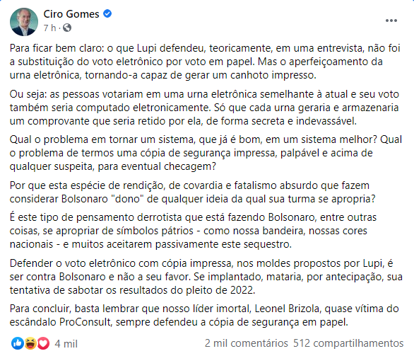 Ciro Gomes sai em defesa do voto impresso 1