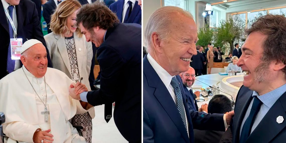 No G7, Milei encontra Biden pela primeira vez e abraça o Papa